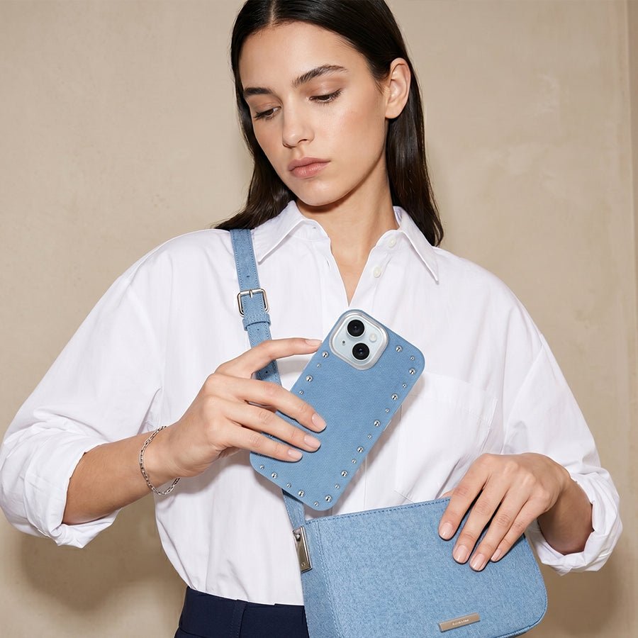 Detalle del acabado vaquero de la funda Denim MagBattery para iPhone 15 Plus

